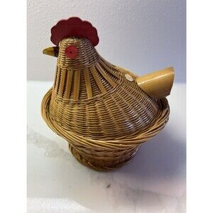 Unique Vintage WICKER ROOSTER SHAPED  CHICKEN 6 3/4"  BASKET - 2 Pieces